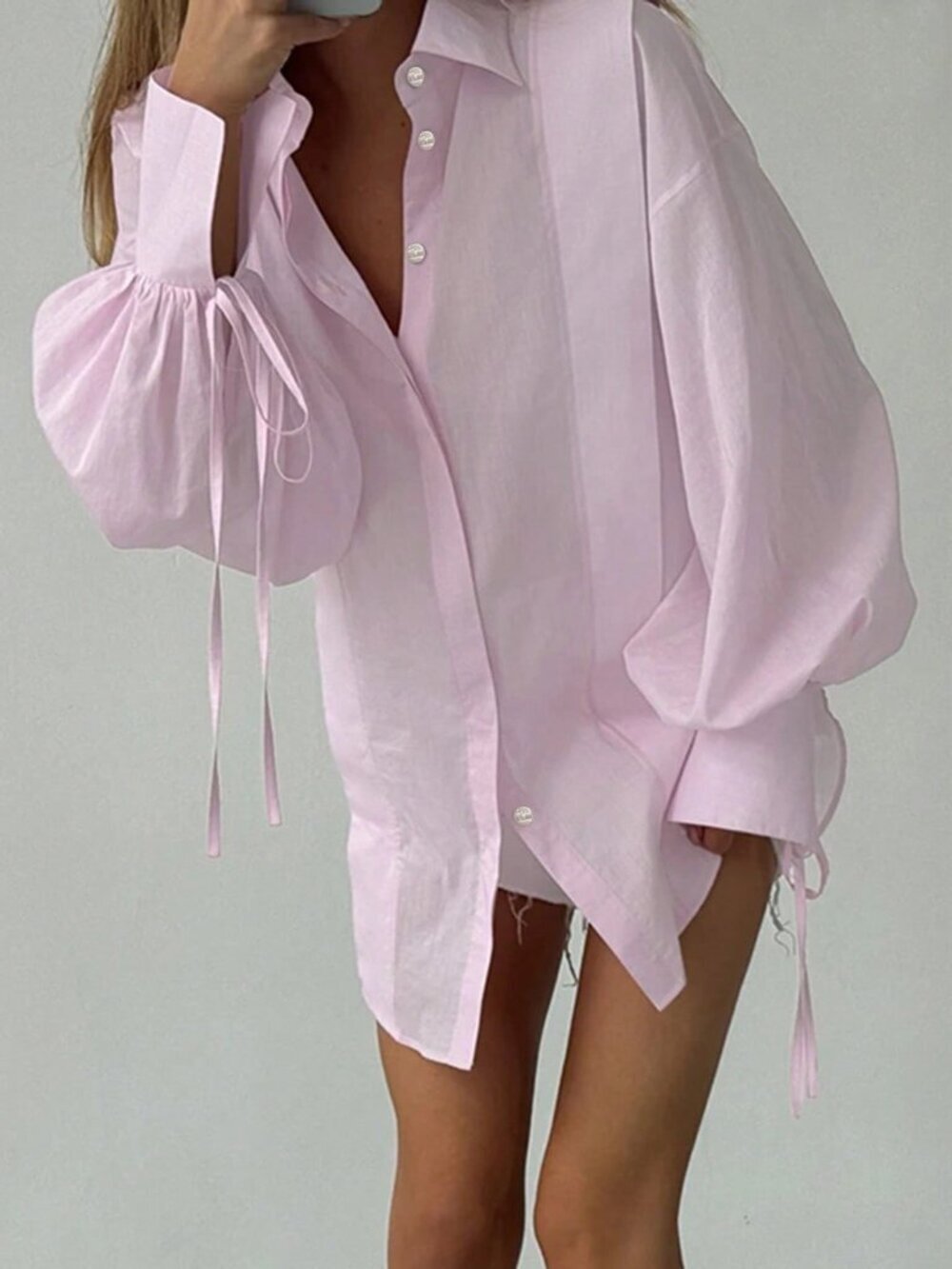 Pink Casual Women's Lapel Long Sleeve Tie Front Woven Shirt Blouse - Picture 6 of 7